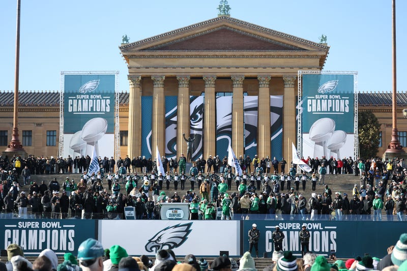  Jalen Hurts #1 of the Philadelphia Eagles addresses the fans during the Philadelphia Eagles Super Bowl Championship Parade on February 14, 2025