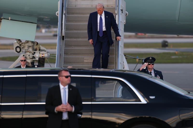 WEST PALM BEACH, FLORIDA - FEBRUARY 14: US President Donald Trump exits from Air Force One at Palm Beach International Airport on February 14, 2025 in West Palm Beach, Florida. President Trump is scheduled to spend the weekend at his Mar-a-Lago home. (Photo by Joe Raedle/Getty Images)