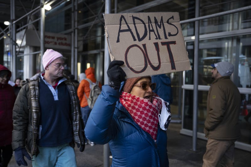 New Yorkers picket to urge Governor Kathy Hochul to remove Mayor Eric Adams as she meets with top Democratic leaders to discuss Adam's fate on February 18, 2025
