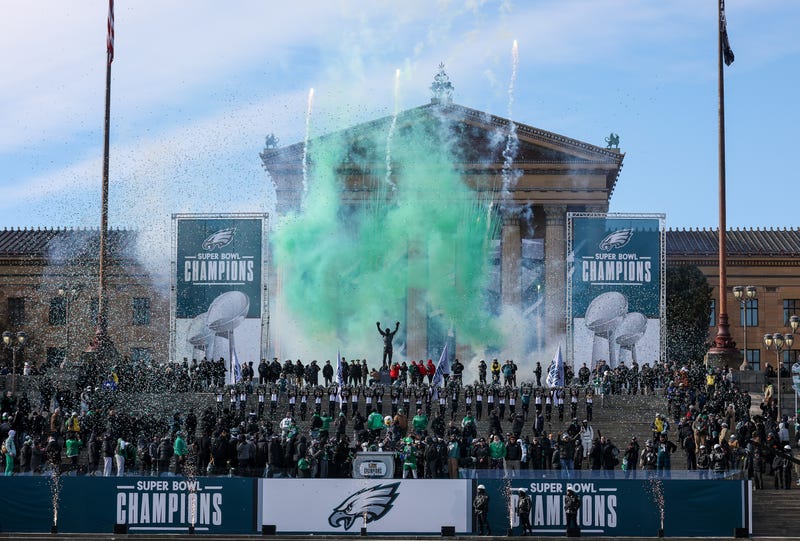 Philadelphia Eagles celebrate in front of the Philadelphia Museum of Art during Super Bowl parade
