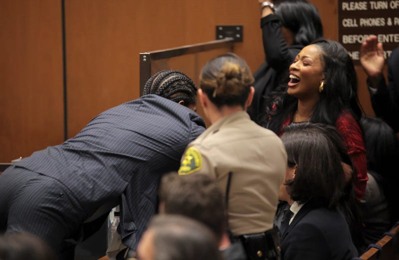 FEBRUARY 18: Rakim Mayers, aka A$AP Rocky, dives towards the gallery as the verdict is given in his felony assault trial at Clara Shortridge Foltz Criminal Justice Center on February 18, 2025 in Los Angeles, California. A$AP Rocky was found not guilty of two felony counts of assault with a semiautomatic firearm.