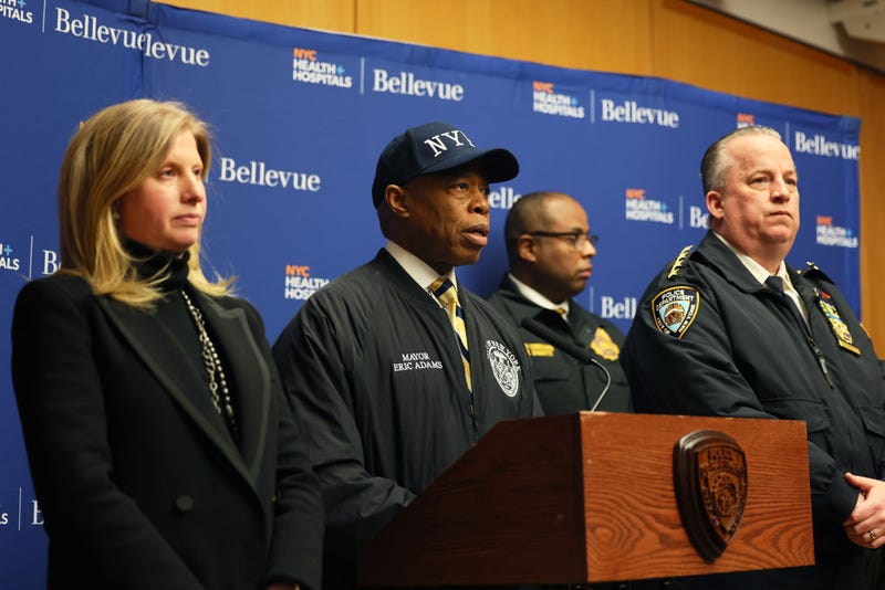 Mayor Eric Adams speaks during a press conference with NYPD Commissioner Jessica Tisch at Bellevue Hospital Center on Feb. 18, 2025.
