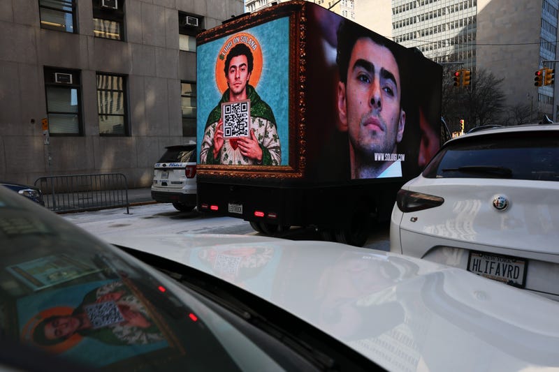 A digital billboard truck is seen on Centre Street displaying images of Luigi Manigione near Manhattan Criminal Court on February 21, 2025