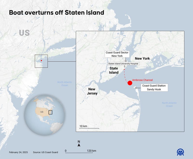 An infographic shows where a boat capsized between Staten Island and Queens on Feb. 23, 2025.