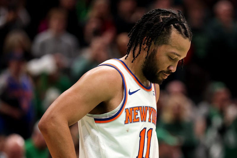 Jalen Brunson #11 of the New York Knicks looks on during the second half of the game against the Boston Celtics at TD Garden on February 23, 2025 in Boston, Massachusetts. The Celtics defeat the Knicks 118-105.
