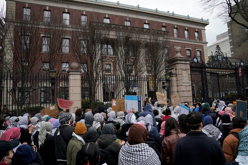 Pro-Palestinian student protesters demonstrate outside Barnard College in New York on February 27, 2025