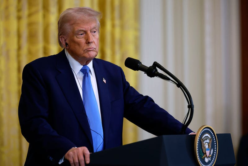 U.S. President Donald Trump listens to a reporter's question during a joint news conference with French President Emmanuel Macron in the East Room of the White House on February 24, 2025 in Washington, DC.