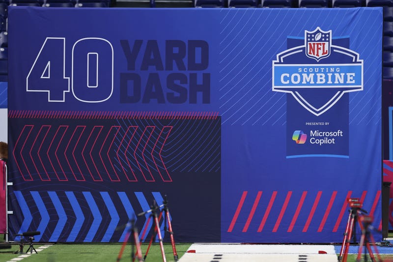 A general view of the 40 yard dash signage during the NFL Scouting Combine at Lucas Oil Stadium on February 27, 2025 in Indianapolis, Indiana.