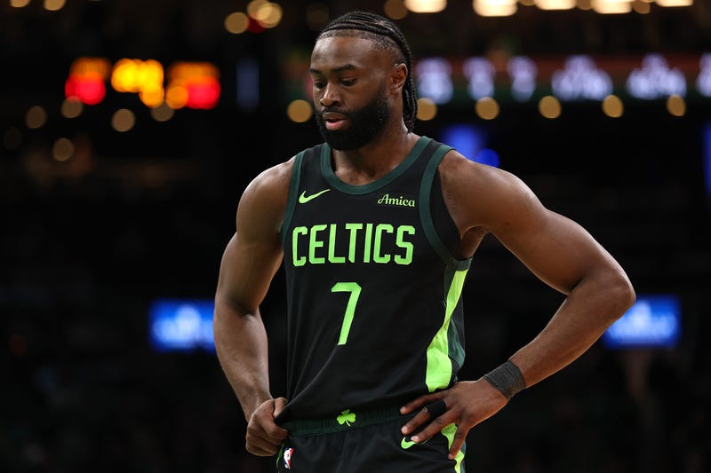 Jaylen Brown #7 of the Boston Celtics looks on during the second half of the game against the Cleveland Cavaliers at TD Garden on February 28, 2025 in Boston, Massachusetts. The Cavaliers defeat the Celtics 123-116.