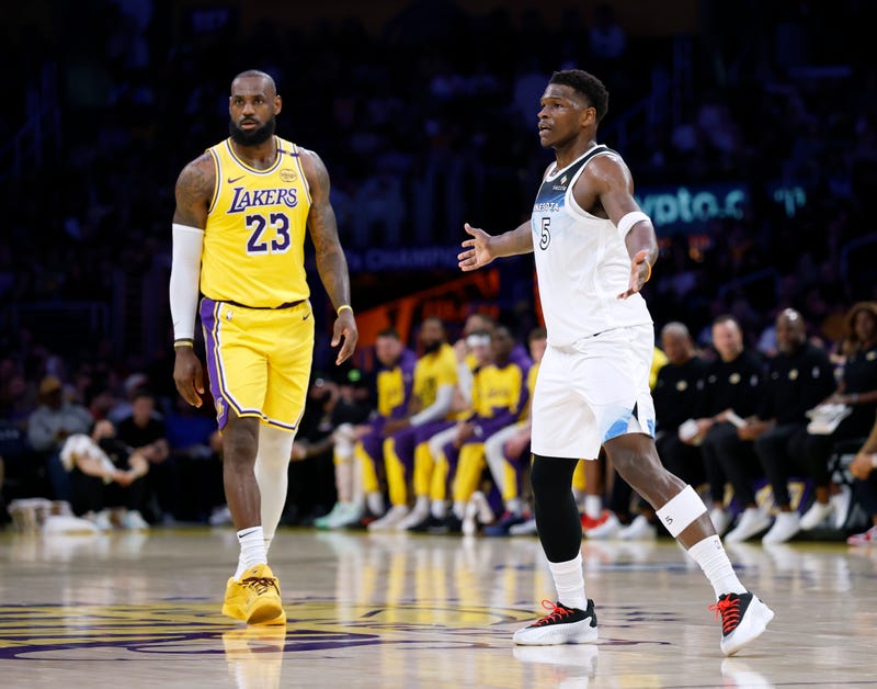 Anthony Edwards #5 of the Minnesota Timberwolves reacts as he guards LeBron James #23 of the Los Angeles Lakers during a 111-102 Lakers win at Crypto.com Arena on February 27, 2025 in Los Angeles, California.