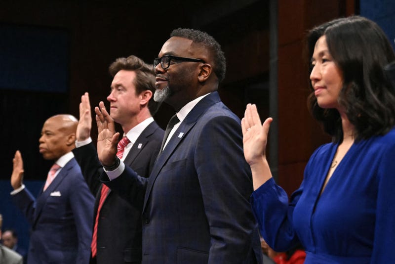 New York City Mayor Eric Adams, Denver Mayor Michael Johnston, Chicago Mayor Brandon Johnson and Boston Mayor Michelle Wu are sworn in during a House Committee on Oversight and Government Reform hearing titled "A Hearing with Sanctuary City Mayors," on Capitol Hill in Washington, DC, on March 5, 2025. 