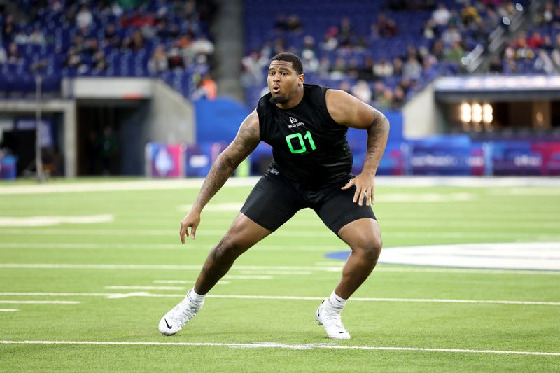 Kelvin Banks Jr. #OL01 of Texas participates in a drill during the NFL Scouting Combine at Lucas Oil Stadium on March 2, 2025, in Indianapolis, Indiana.