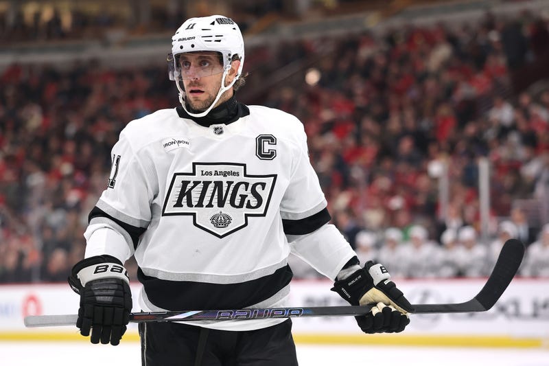Anze Kopitar #11 of the Los Angeles Kings looks on against the Chicago Blackhawks during the first period at the United Center on March 03, 2025 in Chicago, Illinois. 