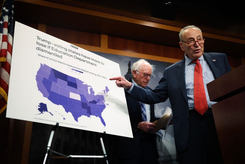 U.S. Senate Minority Leader Chuck Schumer (D-NY) (R) speaks to press alongside Sen. Bernie Sanders (I-VT) (L) in the U.S. Capitol on March 06, 2025 in Washington, DC. The Senators addressed Trump's plans to close the Department of Education. 
