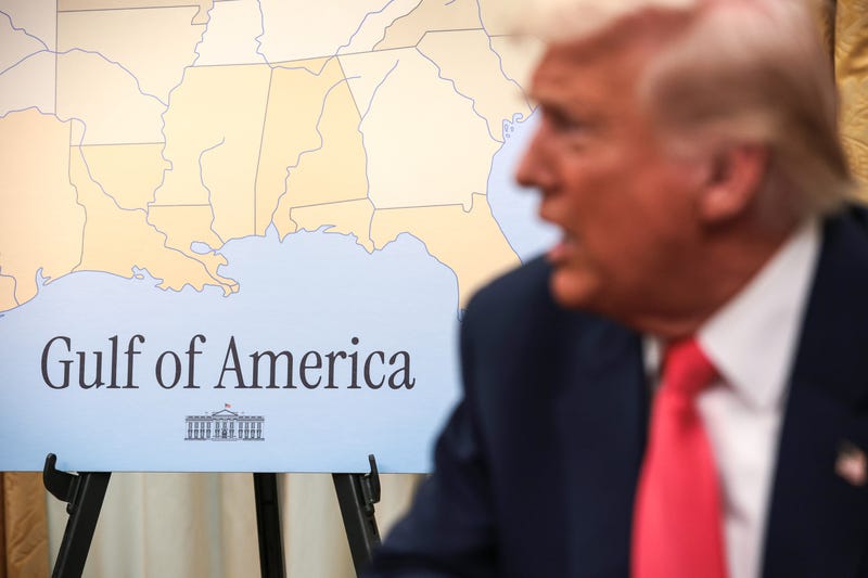 WASHINGTON, DC - MARCH 06: A map of the Gulf of America is seen as U.S. President Donald Trump speaks before signing executive orders in the Oval Office of the White House on March 06, 2025 in Washington, DC. President Trump signing a series of executive orders, including, lifting 25% tariffs for all goods compliant under USMCA trade agreement, terminating the security clearances of those who work at the law firm Perkins Coie, combating drug trafficking at the northern border and announced a $20 billion investment by shipping giant CMA CGM for U.S. infrastructure and jobs. (Photo by Alex Wong/Getty Images)