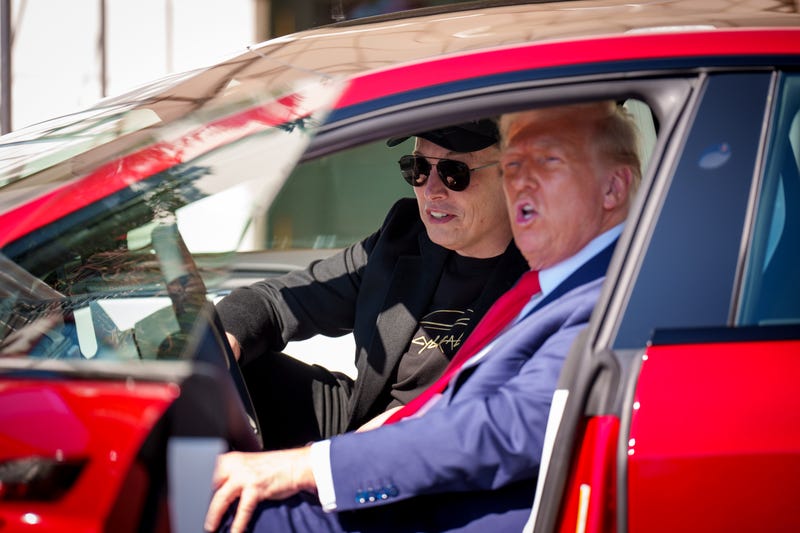 President Donald Trump and White House Senior Advisor, Tesla and SpaceX CEO Elon Musk sit in a Tesla Model S on the South Lawn of the White House on March 11, 2025