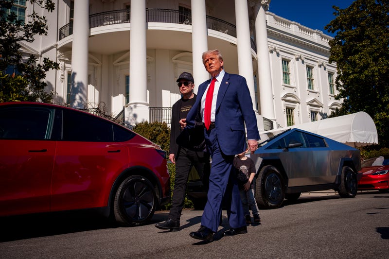 President Donald Trump and White House Senior Advisor, Tesla and SpaceX CEO Elon Musk depart after looking at Tesla vehicles on the South Lawn of the White House on March 11, 2025