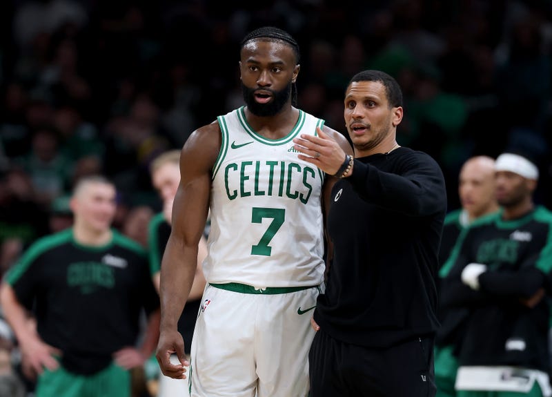 Jaylen Brown #7 of the Boston Celtics talks with head coach Joe Mazzulla during the second half against the Los Angeles Lakers at TD Garden on March 08, 2025 in Boston, Massachusetts. The Boston Celtics defeated the Los Angeles Lakers 111-101.