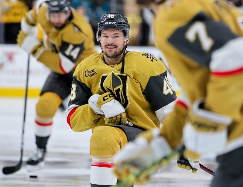 Tomas Hertl #48 of the Vegas Golden Knights warms up before a game against the Pittsburgh Penguins at T-Mobile Arena on March 07, 2025 in Las Vegas, Nevada. 