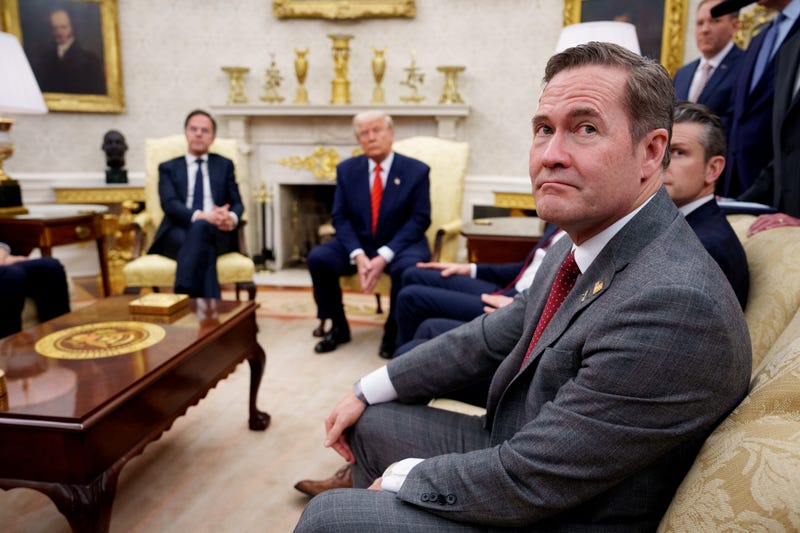 U.S. National Security Adviser Michael Waltz (R), takes a question from a reporter during a meeting with NATO Secretary General Mark Rutte (L) in the Oval Office of the White House on March 13, 2025 in Washington, DC. 