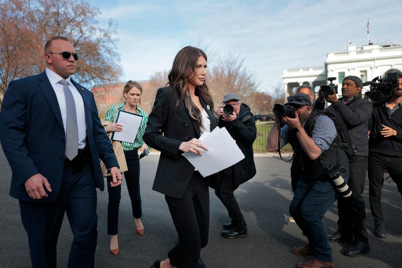 U.S. Department of Homeland Security Secretary Kristi Noem walks past reporters after doing a TV interview with Fox News outside of the White House on March 10, 2025 in Washington, DC.