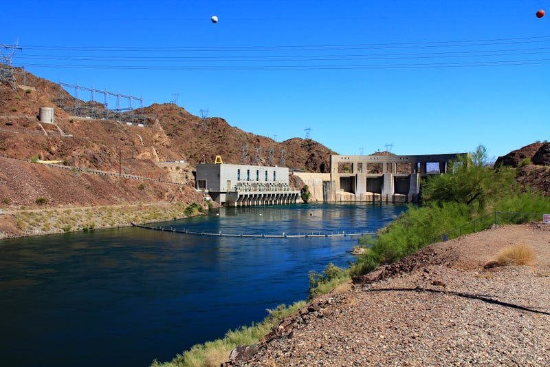 Hydroelectric Power Parker Dam beside transmission towers on the Colorado River and Lake Havasu, in Parker Dam, California, 