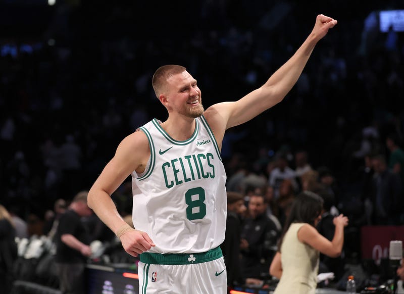 Kristaps Porzingis #8 of the Boston Celtics celebrates the win after the game against the Brooklyn Nets at Barclays Center on March 15, 2025 in the Brooklyn borough of New York City. The Boston Celtics defeated the Brooklyn Nets 115-113.