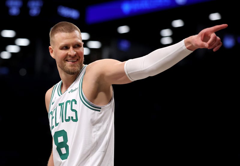 Kristaps Porzingis #8 of the Boston Celtics celebrates during the second half against the Brooklyn Nets at Barclays Center on March 15, 2025 in the Brooklyn borough of New York City. The Boston Celtics defeated the Brooklyn Nets 115-113.