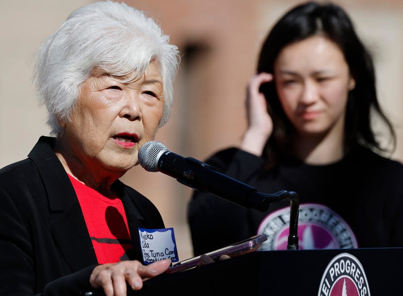 Kyoko Nancy Oda, a former incarceree of Tule Lake Segregation Center, speaks at a rally at the Japanese American National Museum denouncing President Trump’s use of the Alien Enemies Act of 1798 to conduct mass deportations on March 18, 2025 in Los Angeles, California. 