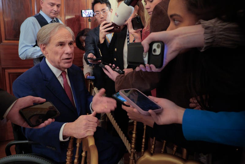 Texas Governor Greg Abbott talks to reporters after U.S. President Donald Trump signed an executive order to reduce the size and scope of the Education Department during a ceremony in the East Room of the White House on March 20, 2025, in Washington, DC.