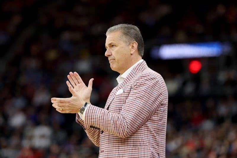 Head coach John Calipari of the Arkansas Razorbacks reacts against the St. John's Red Storm during the first half in the second round of the NCAA Men's Basketball Tournament at Amica Mutual Pavillion on March 22, 2025 in Providence, Rhode Island.