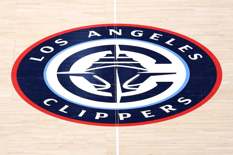 A detailed view of the Los Angeles Clippers logo at center court before the game against the Oklahoma City Thunder at Intuit Dome on March 23, 2025 in Inglewood, California. 