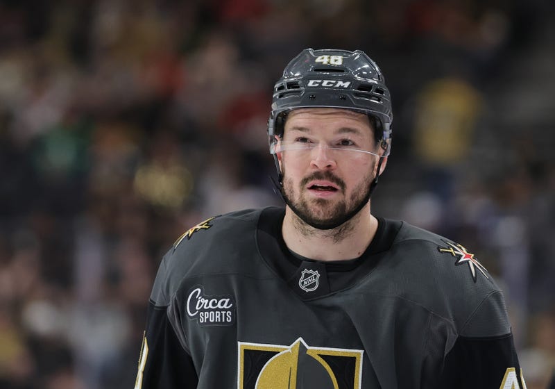 Tomas Hertl #48 of the Vegas Golden Knights takes a break during a stop in play in the third period of a game against the Tampa Bay Lightning at T-Mobile Arena on March 23, 2025 in Las Vegas, Nevada.