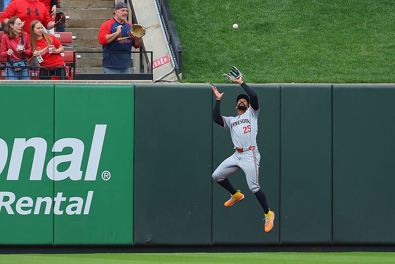Byron Buxton #25 of the Minnesota Twins catches a fly ball against the St. Louis Cardinals in the fifth inning at Busch Stadium. But too many of the Cardinal fly balls made it over the fence.