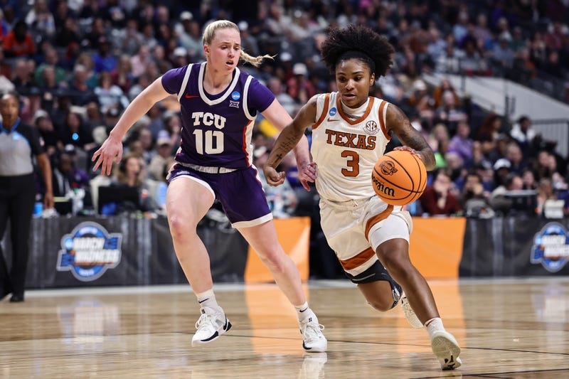BIRMINGHAM, ALABAMA - MARCH 31: Rori Harmon #3 of the Texas Longhorns drives to the basket against Hailey Van Lith #10 of the TCU Horned Frogs during the first half in the Elite Eight round of the NCAA Women's Basketball Tournament at Legacy Arena at the BJCC on March 31, 2025 in Birmingham, Alabama. (Photo by Carmen Mandato/Getty Images)