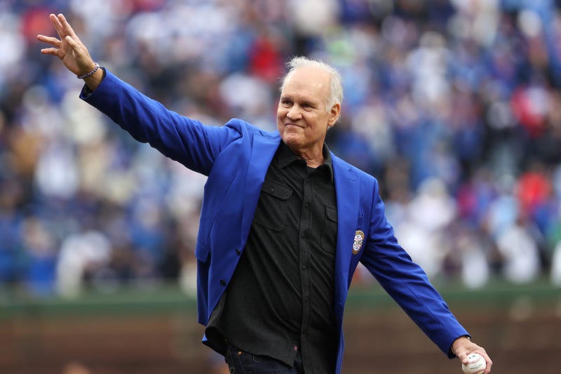 Hall of Famer Ryne Sandberg throws the ceremonial first pitch prior to the game between the San Diego Padres and the Chicago Cubs at Wrigley Field on Friday, April 4, 2025 in Chicago, Illinois. 