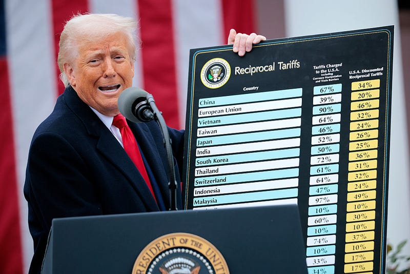 U.S. President Donald Trump holds up a chart while speaking during a “Make America Wealthy Again” trade announcement event in the Rose Garden at the White House on April 2, 2025 in Washington, DC. 
