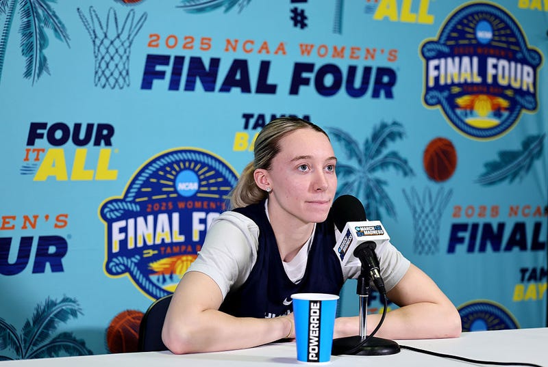 Minnesota-native Paige Bueckers of the Connecticut Huskies speaks during media availability ahead of the 2025 NCAA Women's Basketball Tournament Final Four at Amalie Arena on April 03, 2025 in Tampa, Florida.