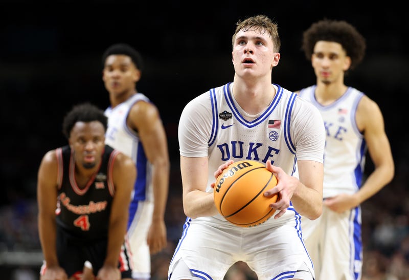 SAN ANTONIO, TEXAS - APRIL 05: Cooper Flagg #2 of the Duke Blue Devils shoots a free throw against the Houston Cougars during the first half in the Final Four game of the NCAA Men's Basketball Tournament at the Alamodome on April 05, 2025 in San Antonio, Texas. (Photo by Jamie Squire/Getty Images)