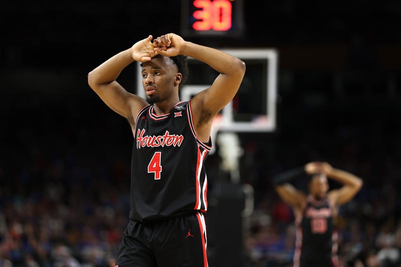 L.J. Cryer #4 of the Houston Cougars reacts during the second half in the Final Four game of the NCAA Men's Basketball Tournament against the Duke Blue Devils at the Alamodome on April 5, 2025, in San Antonio, Texas.