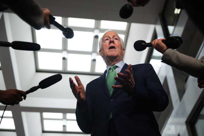 U.S. Sen. John Cornyn (R-TX) speaks with the press after meeting with Customs and Border Patrol Commissioner nominee, Rodney Scott in the Hart Senate Office Building on April 7, 2025, in Washington, DC. 