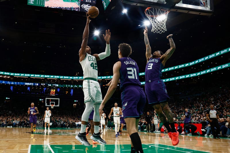 Al Horford #42 of the Boston Celtics shoots over DaQuan Jeffries #3 of the Charlotte Hornets during the second quarter at TD Garden on April 11, 2025 in Boston, Massachusetts.
