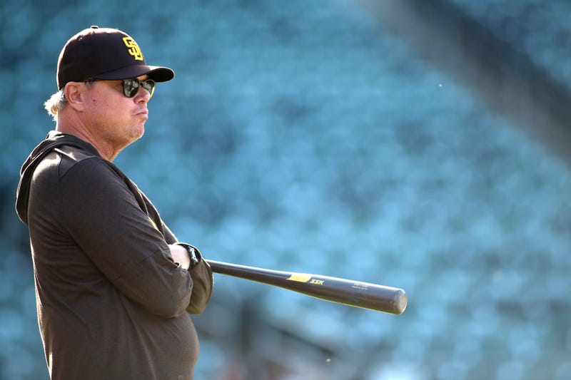 Manager Mike Shildt #8 of the San Diego Padres watches his team practice before their game against the Athletics at Sutter Health Park on April 08, 2025 in Sacramento, California.