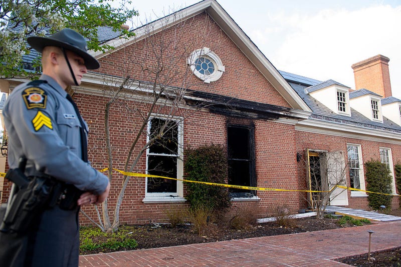  Extensive fire damage to the Pennsylvania Governor's Mansion and Gov. Josh Shapiro's residence is seen during a press conference on April 13, 2025 in Harrisburg, Pennsylvania.