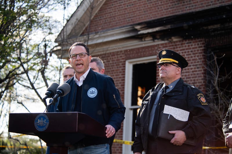Pennsylvania Gov. Josh Shapiro speaks during a press conference outside of the Governor's Mansion after a portion of the property was damaged in an arson fire on April 13 in Harrisburg.