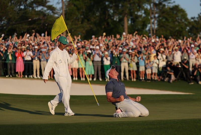Rory McIlroy of Northern Ireland celebrates winning the 2025 Masters Tournament after the playoff hole on the 18th green at Augusta National Golf Club on April 13, 2025 in Augusta, Georgia.