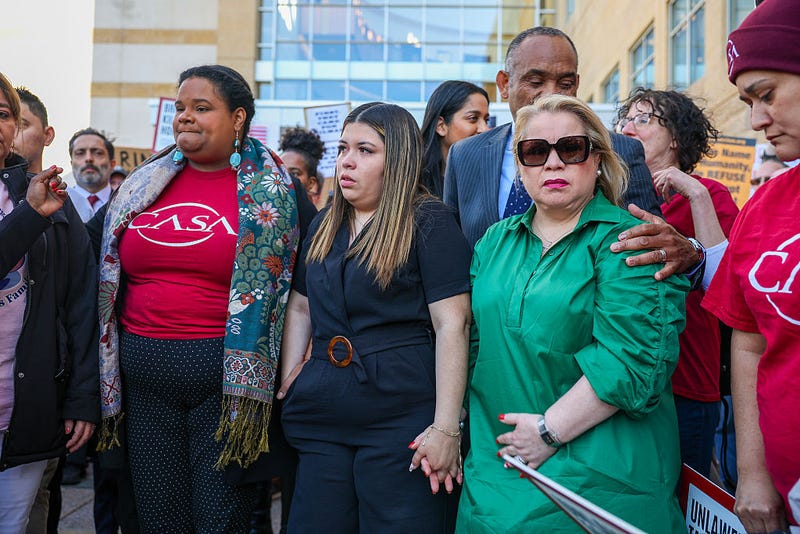Lydia Walther-Rodriguez of Casa, Jennifer Vasquez Sura, the wife of Kilmar Abrego Garcia, who was mistakenly deported to El Salvador, and family pastor Veronica Gonzalez leave Federal Court on April 15, 2025 in Greenbelt, Maryland. The Trump administration admits Abrego Garcia was deported accidentally, but has not yet acted on a judge's order to facilitate his return to the U.S.