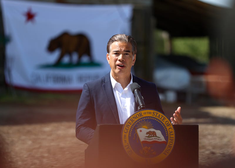 California Attorney general Rob Bonta speaks during a news conference at Gemperle Orchard on April 16, 2025 in Ceres, California.