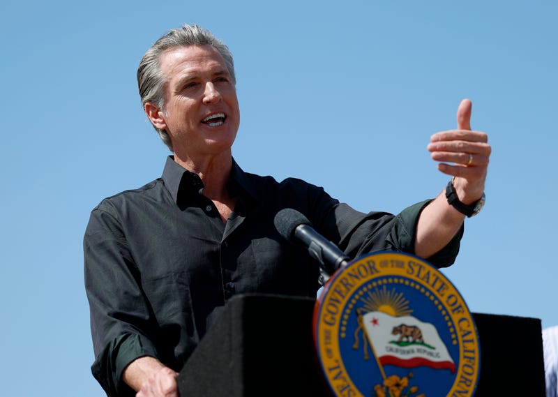 California Governor Gavin Newsom speaks during a news conference at Gemperle Orchard on April 16, 2025 in Ceres, California.
