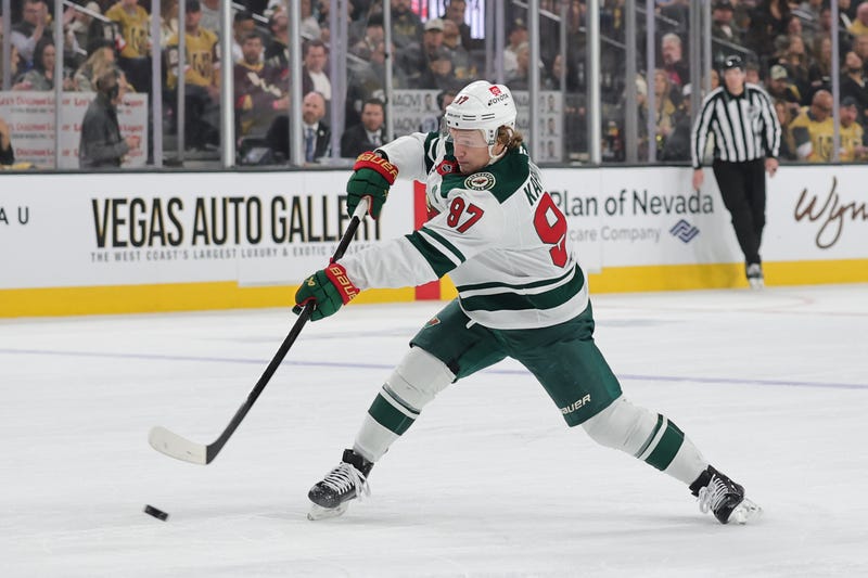 Kirill Kaprizov #97 of the Minnesota Wild takes a shot against the Vegas Golden Knights during the first period in Game Two of the First Round of the 2025 Stanley Cup Playoffs at T-Mobile Arena on April 22, 2025 in Las Vegas, Nevada.